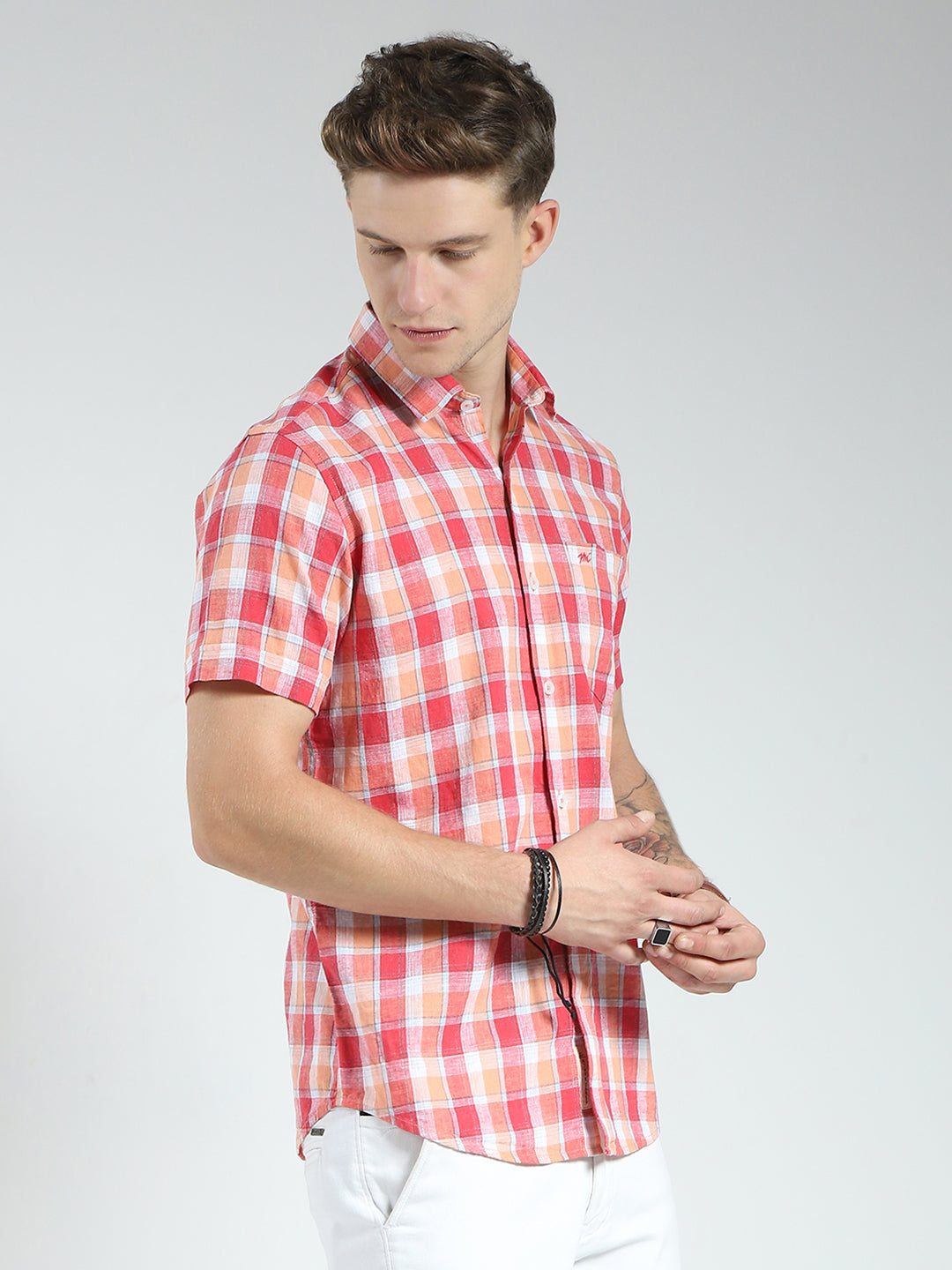 Men Orange Check Collar Half Sleeve Shirt
