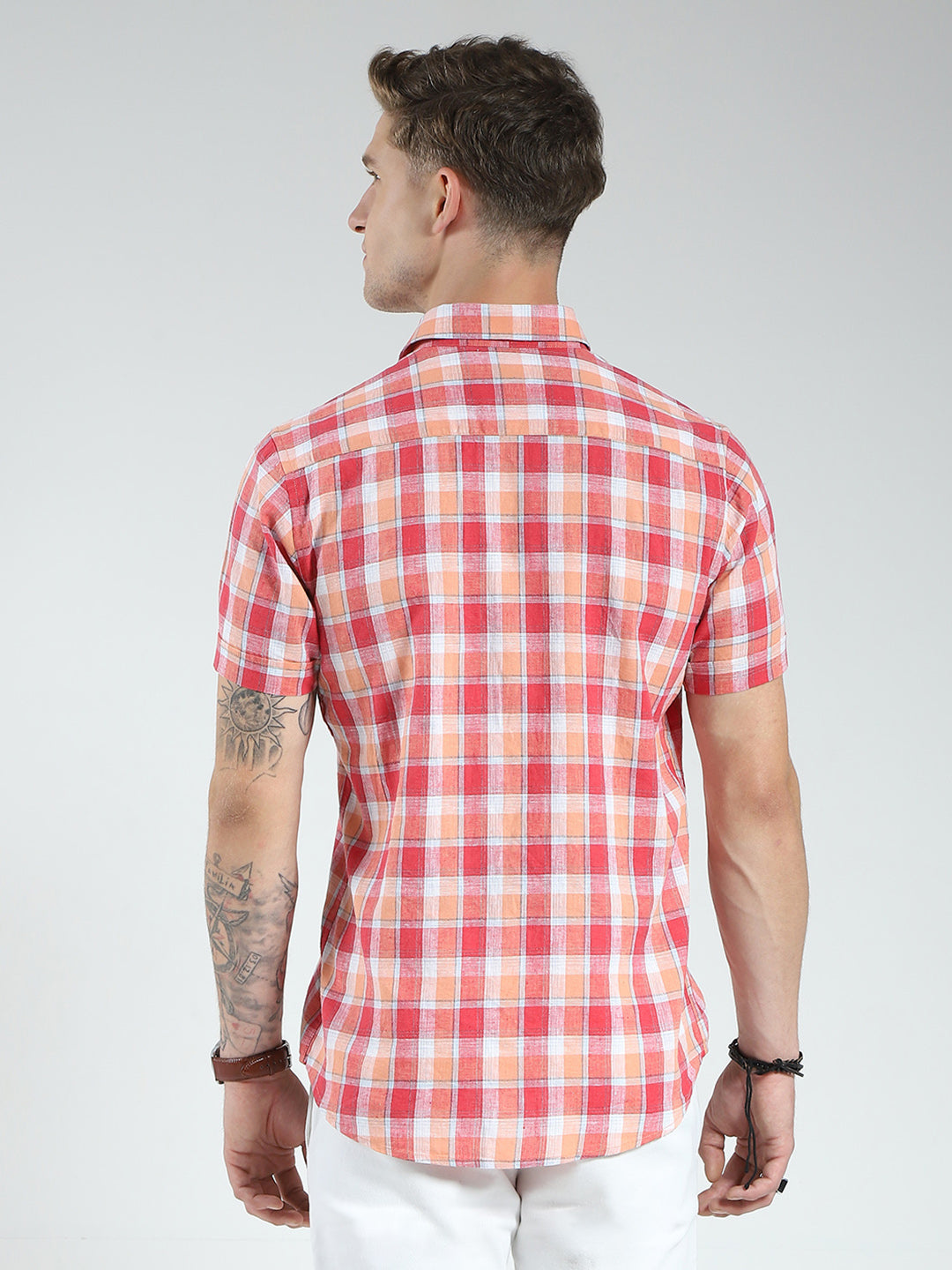 Men Orange Check Collar Half Sleeve Shirt