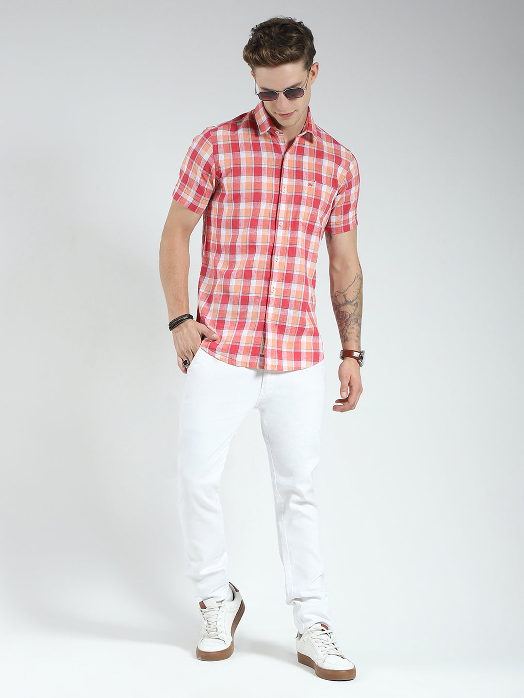 Men Orange Check Collar Half Sleeve Shirt