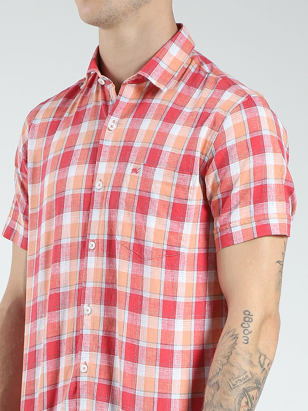 Men Orange Check Collar Half Sleeve Shirt