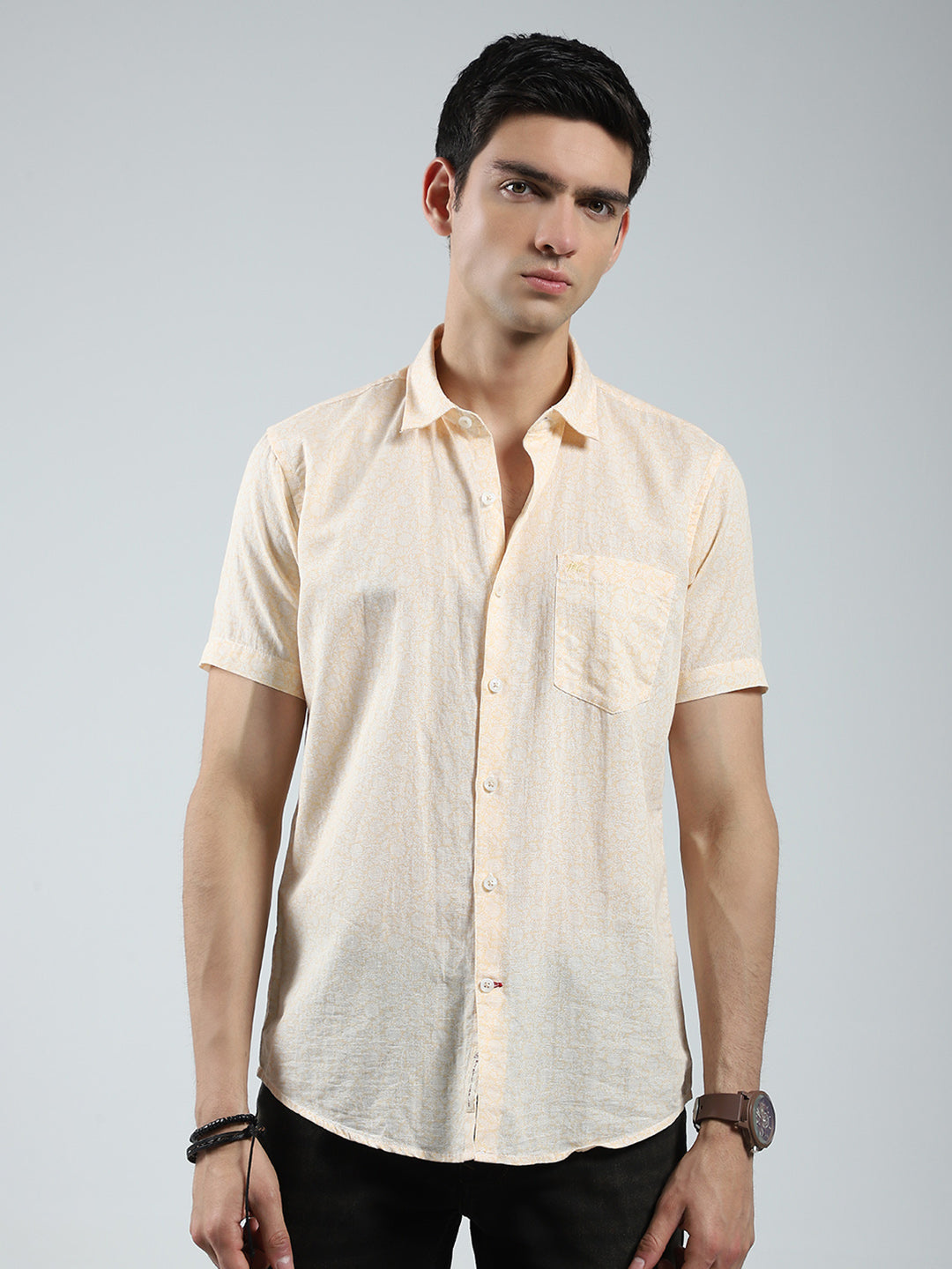 Men Beige Printed Collar Half Sleeve Shirt