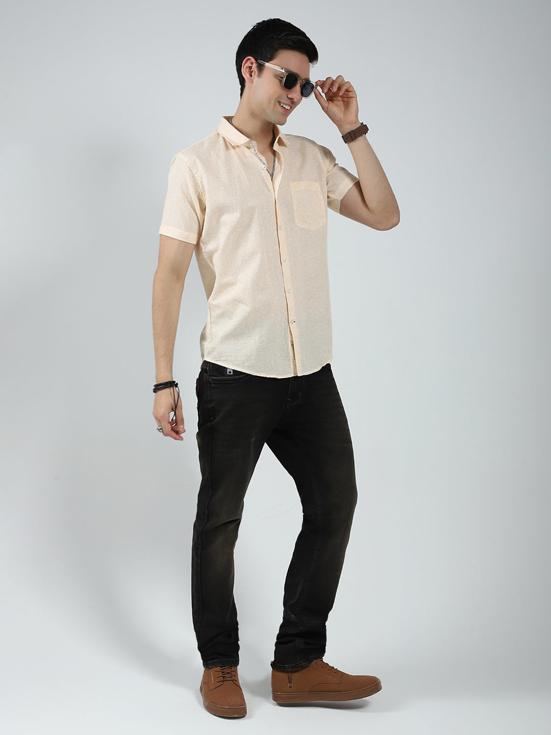 Men Beige Printed Collar Half Sleeve Shirt