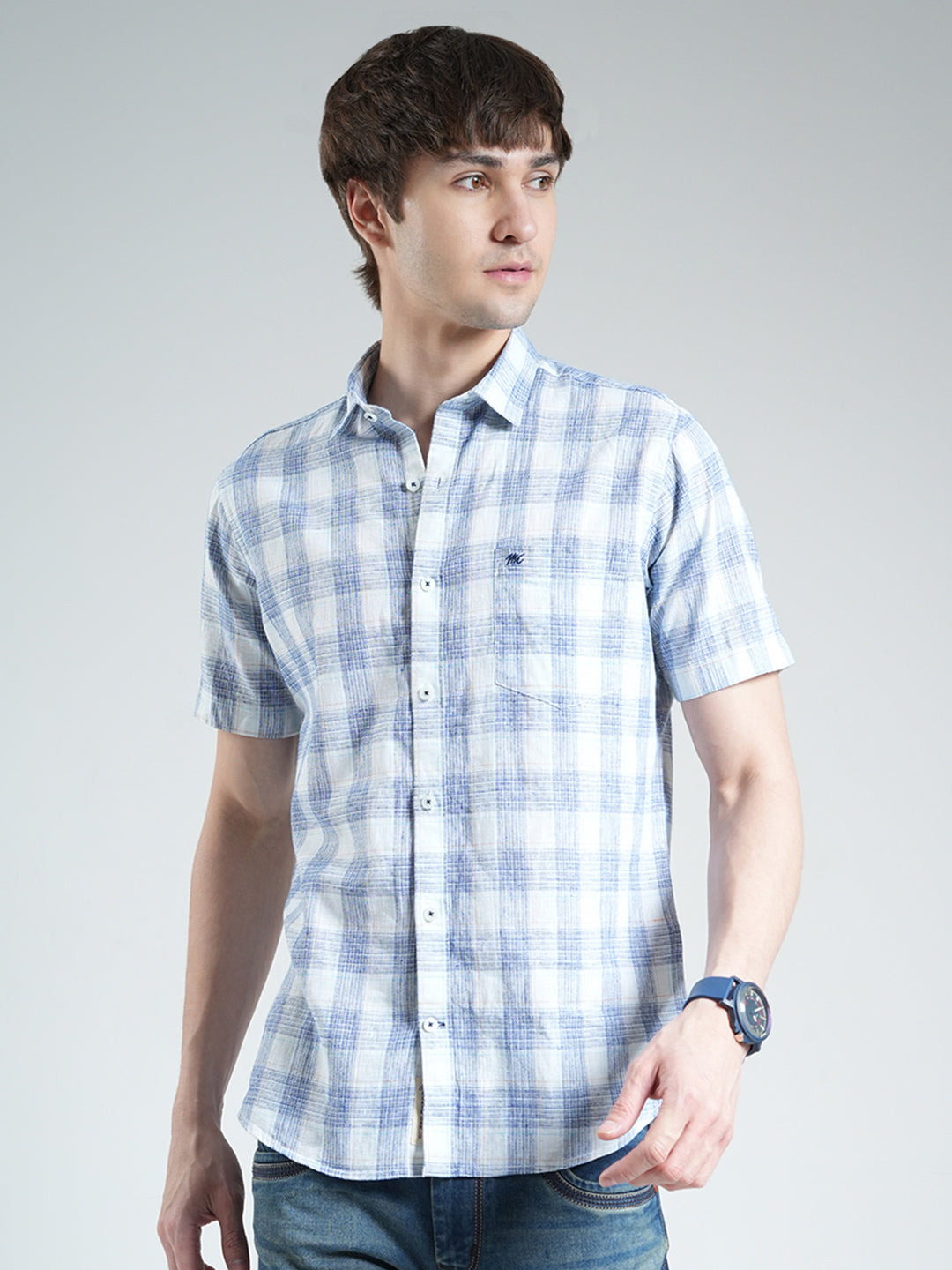 Men Blue Check Collar Half Sleeve Shirt