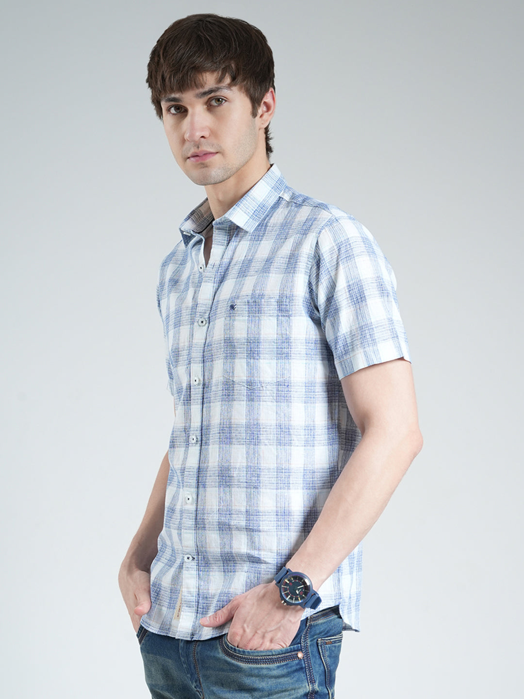 Men Blue Check Collar Half Sleeve Shirt
