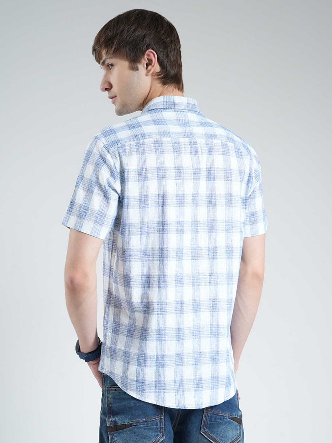 Men Blue Check Collar Half Sleeve Shirt