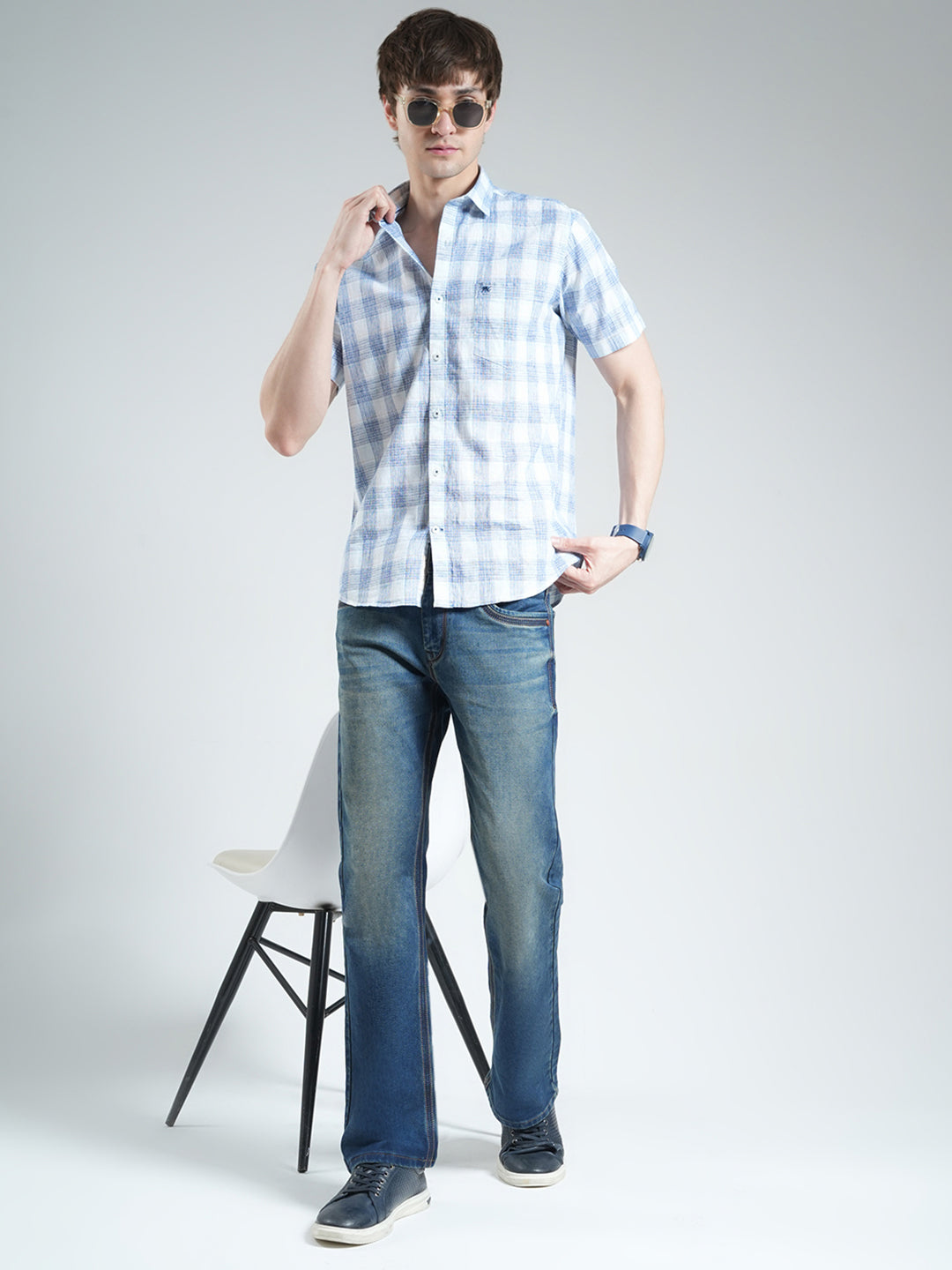 Men Blue Check Collar Half Sleeve Shirt
