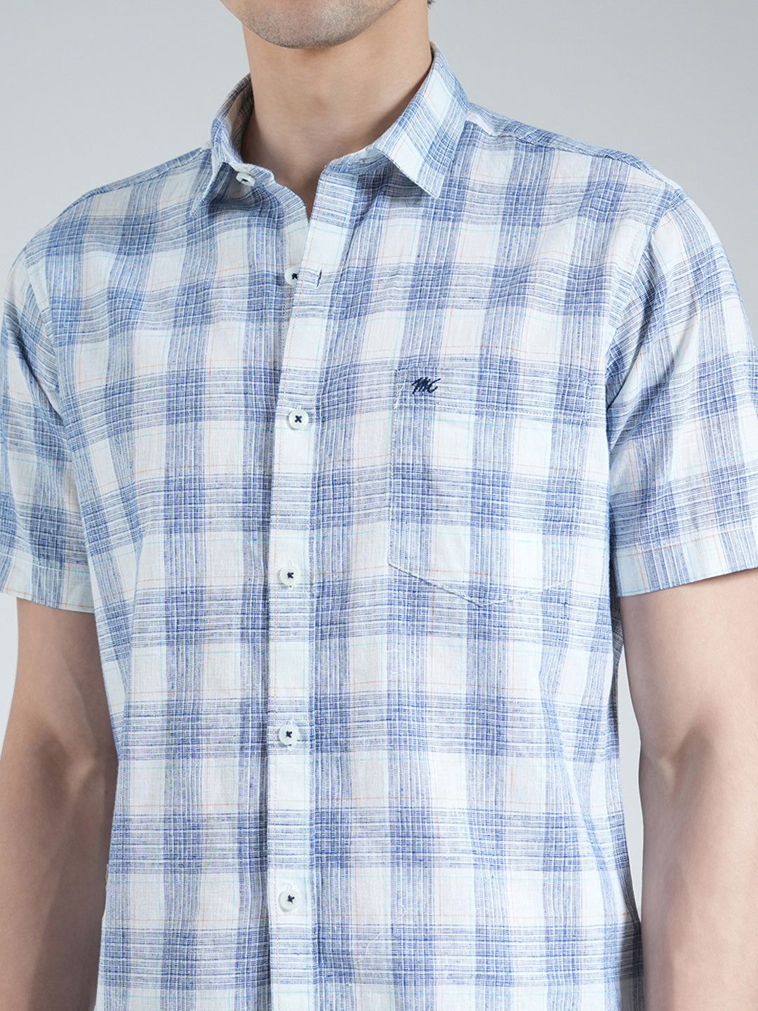 Men Blue Check Collar Half Sleeve Shirt
