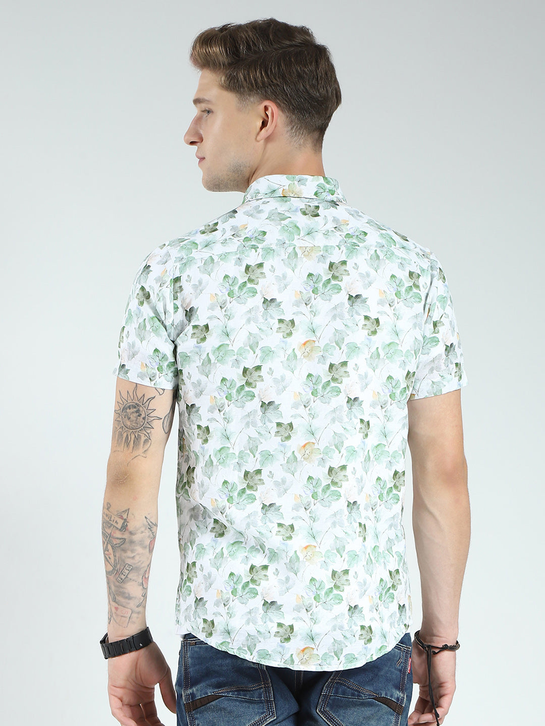 Men Green Printed Collar Half Sleeve Shirt