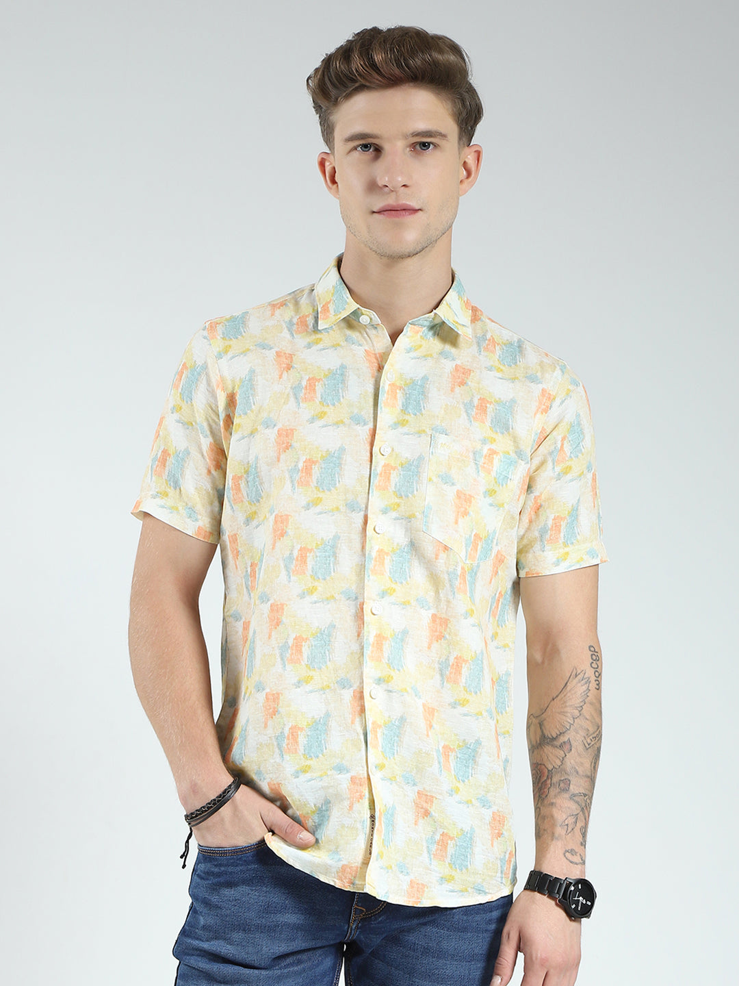 Men Yellow Printed Collar Half Sleeve Shirt