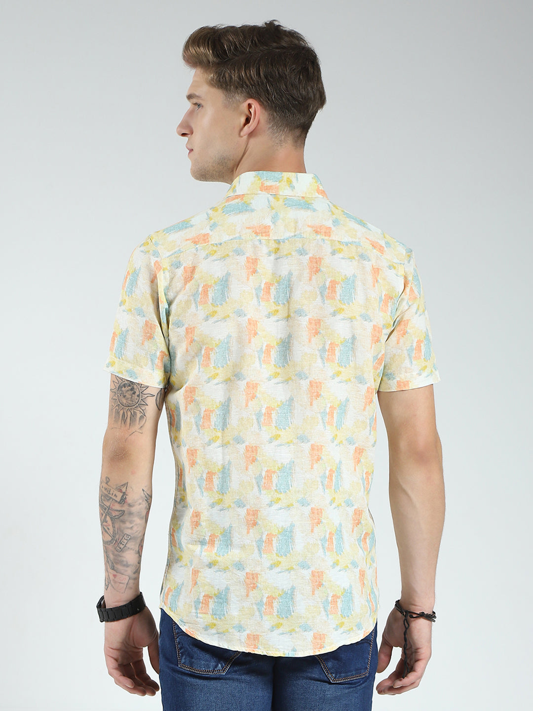 Men Yellow Printed Collar Half Sleeve Shirt