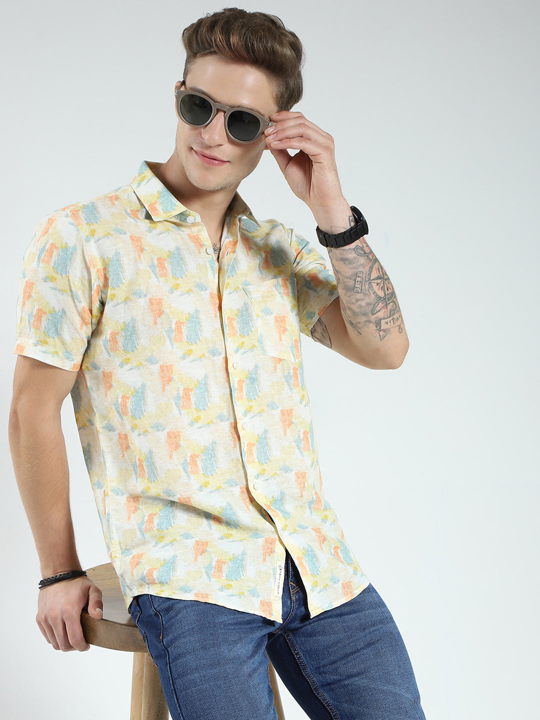Men Yellow Printed Collar Half Sleeve Shirt