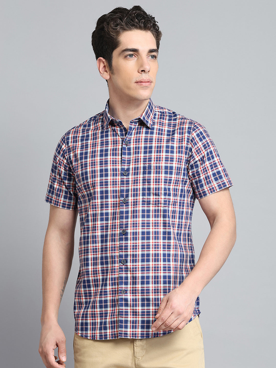 Men Navy Blue Check Collar Half Sleeve Shirt