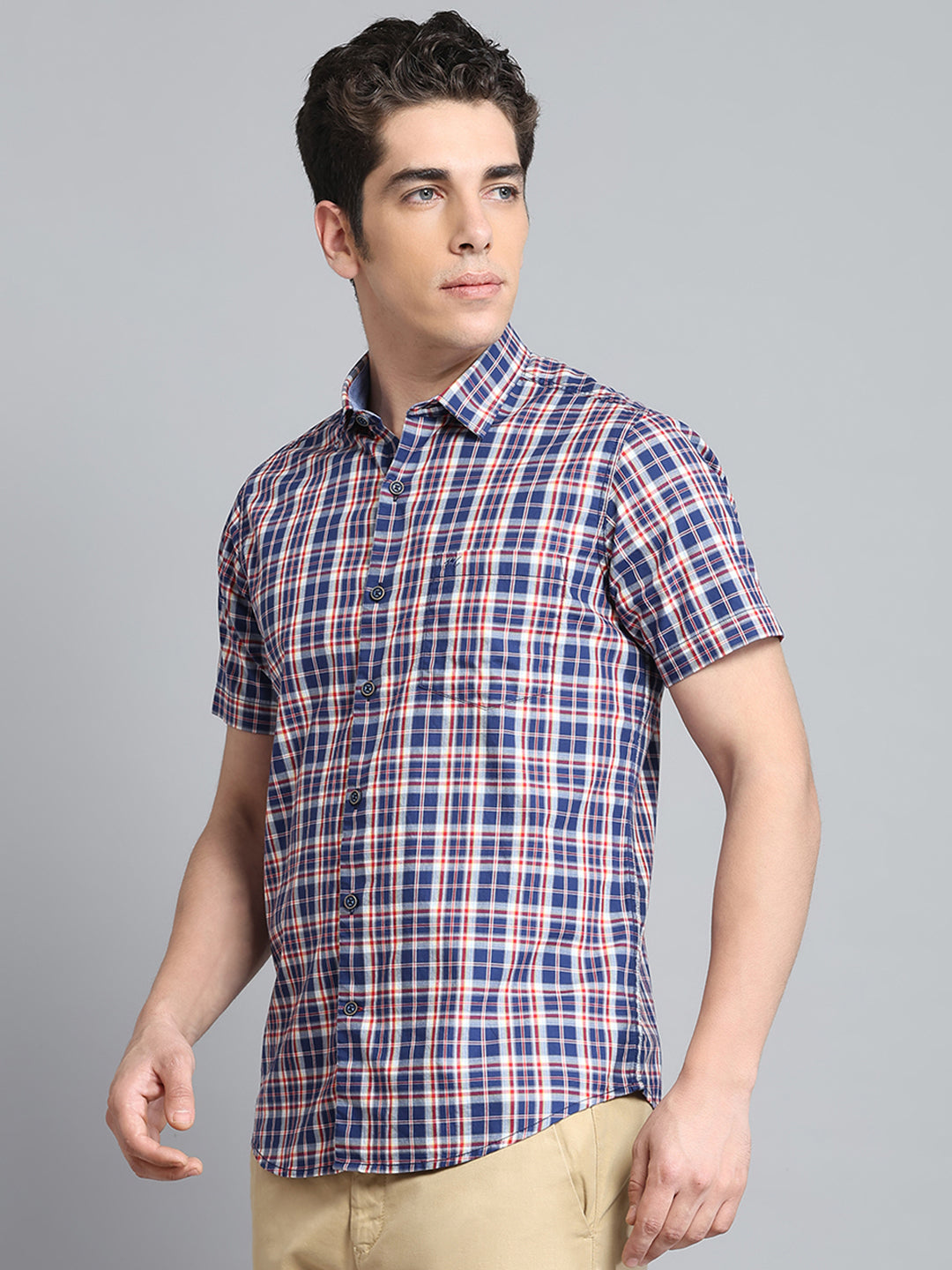Men Navy Blue Check Collar Half Sleeve Shirt