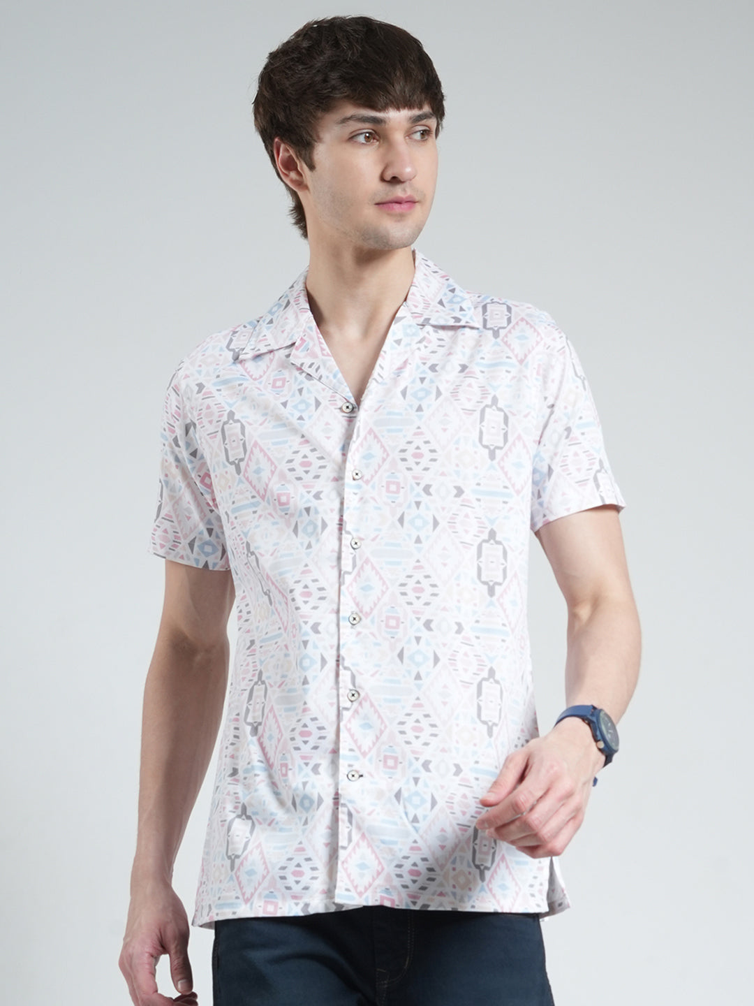 Men White Printed Collar Half Sleeve Shirt