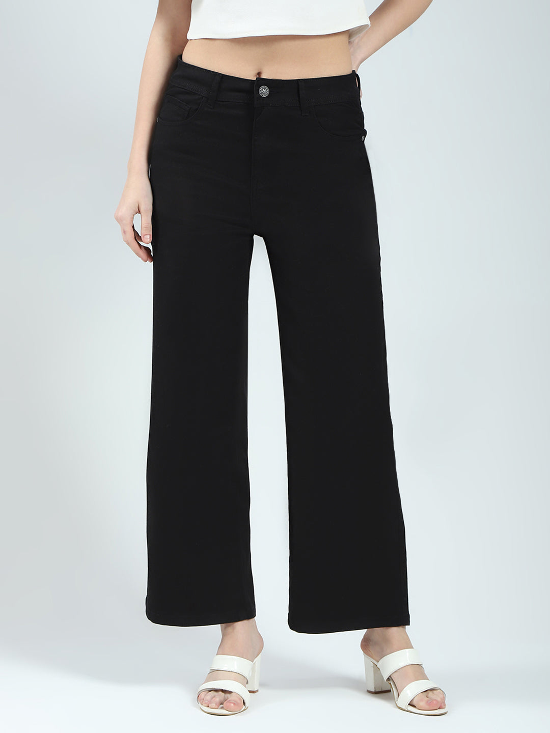 Women Black Solid Regular Fit Denim