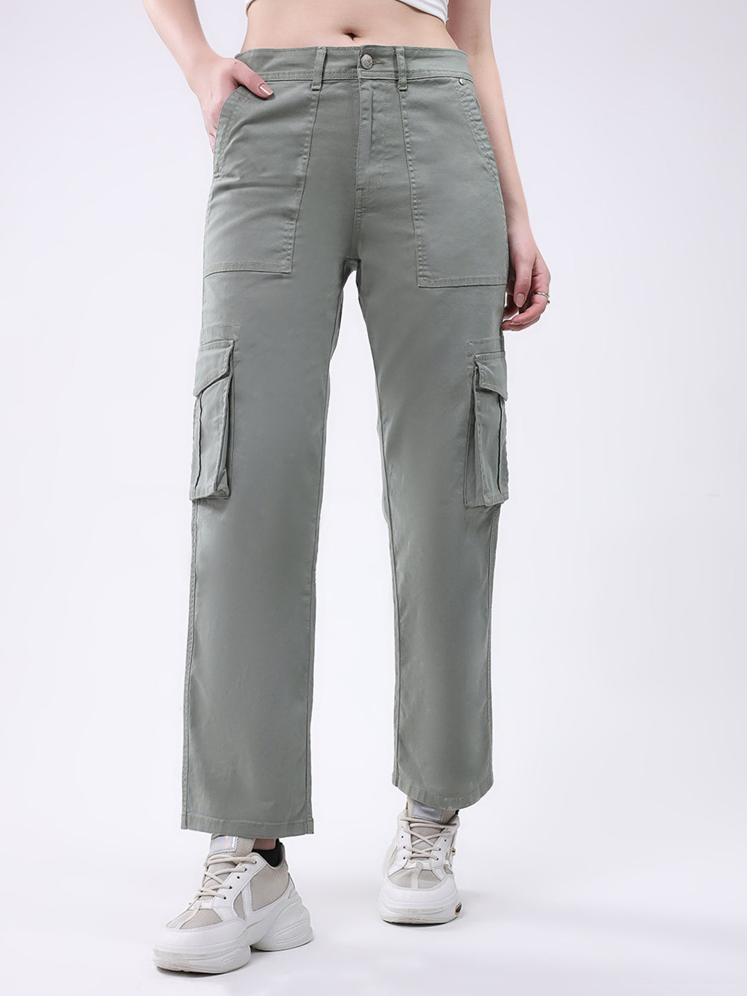 Women Green Solid Straight Fit Cargo