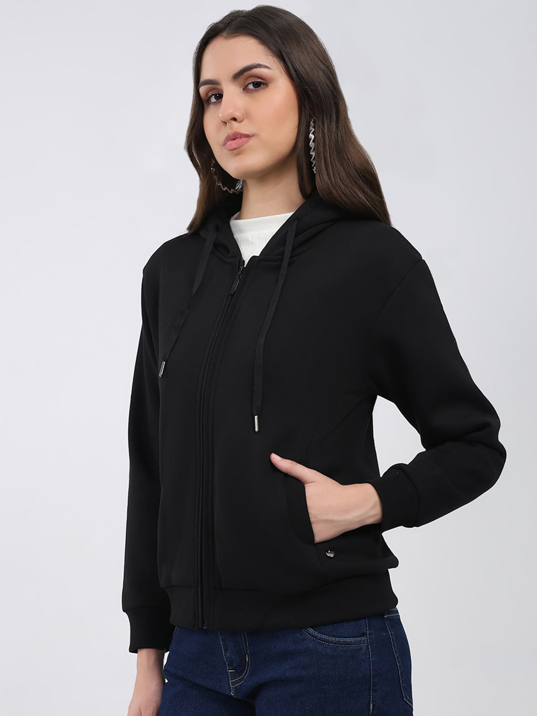 Women Black Solid Hooded Full Sleeve Sweatshirt