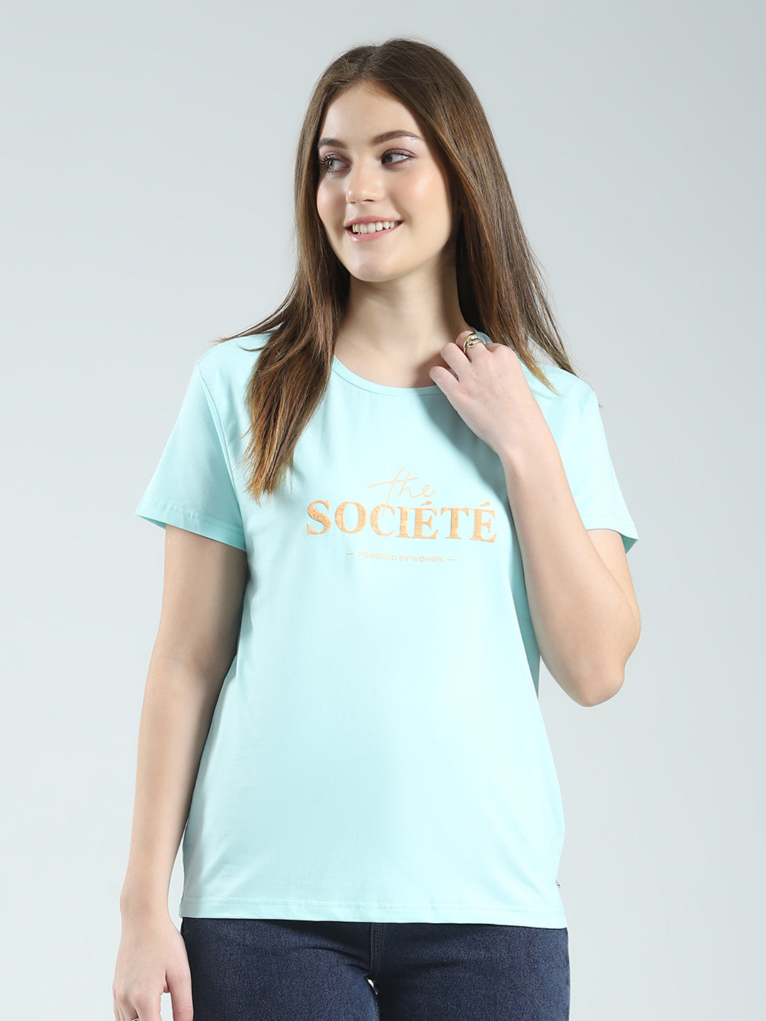 Women Blue Printed Round Neck Half Sleeve Top