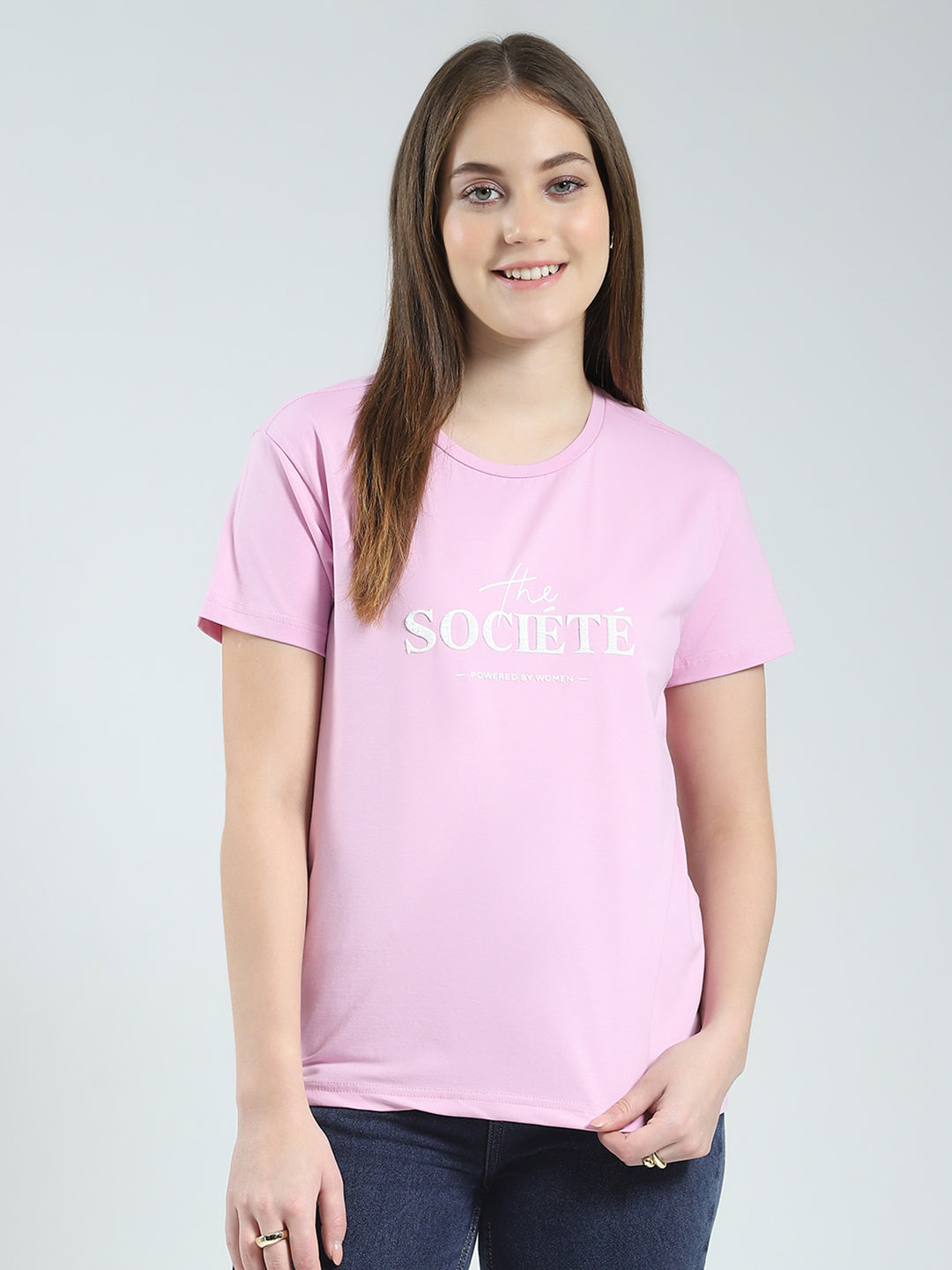 Women Purple Printed Round Neck Half Sleeve Top
