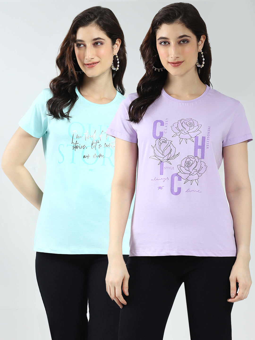 Women Blue & Purple Printed Round Neck Half Sleeve Top 2Pc Set