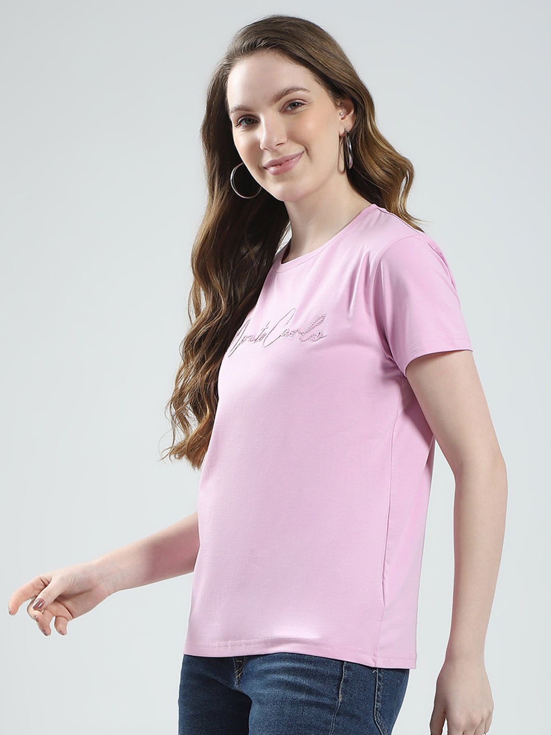 Women Pink Solid Round Neck Half Sleeve Top