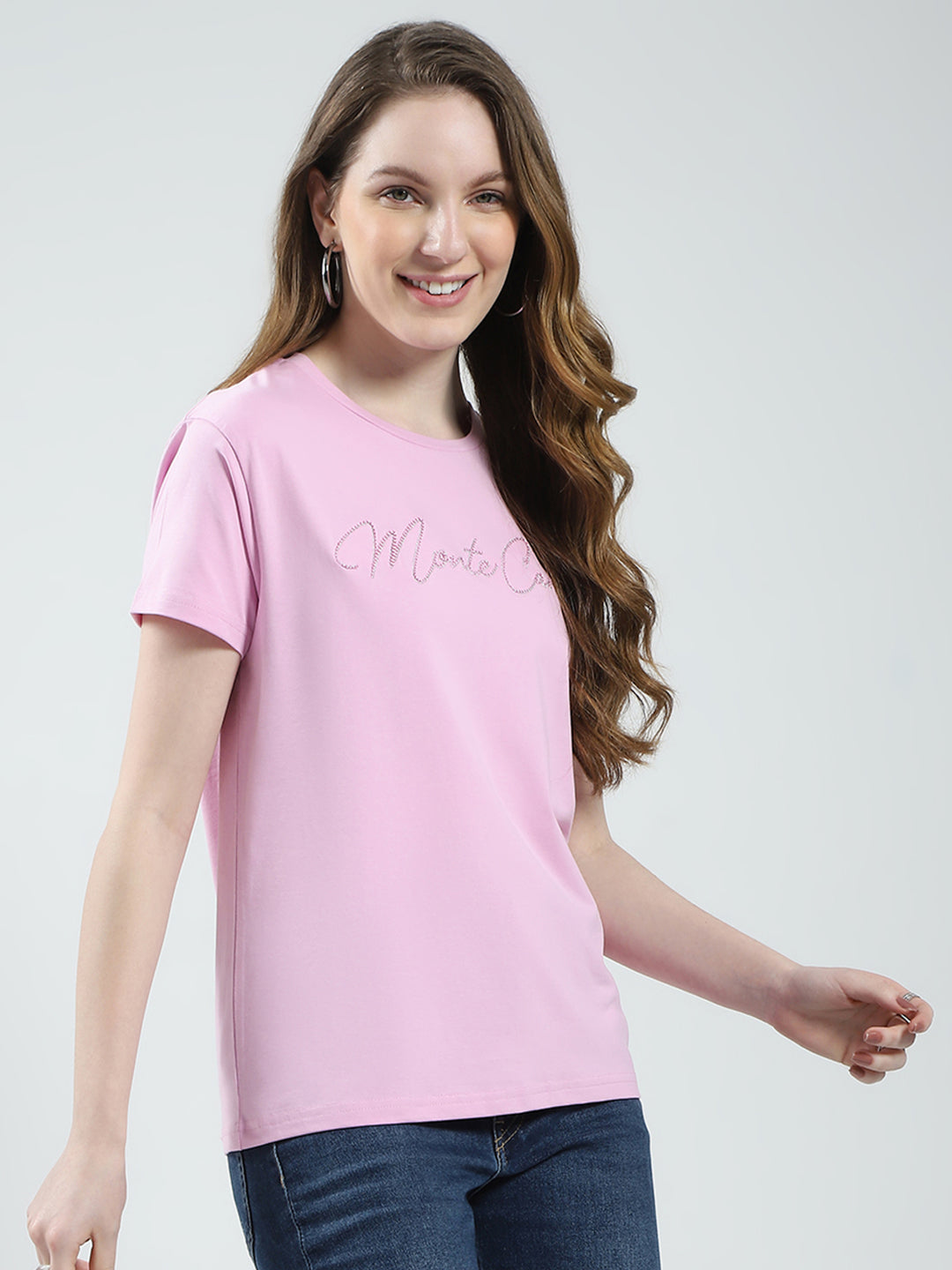 Women Pink Solid Round Neck Half Sleeve Top
