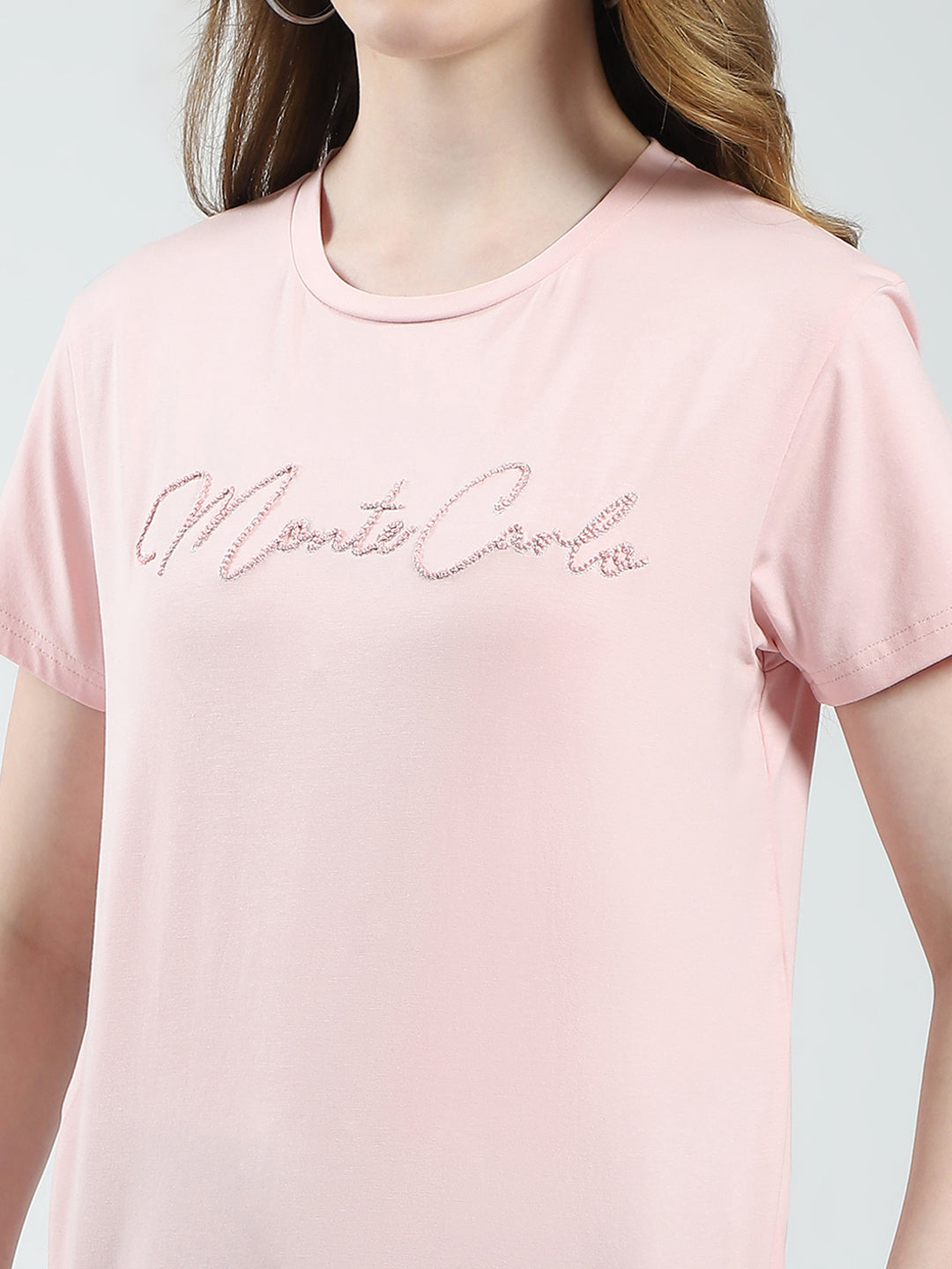 Women Peach Solid Round Neck Half Sleeve Top