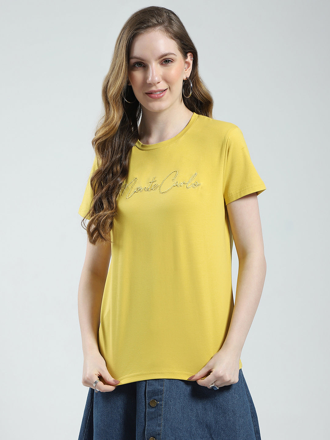 Women Mustard Solid Round Neck Half Sleeve Top