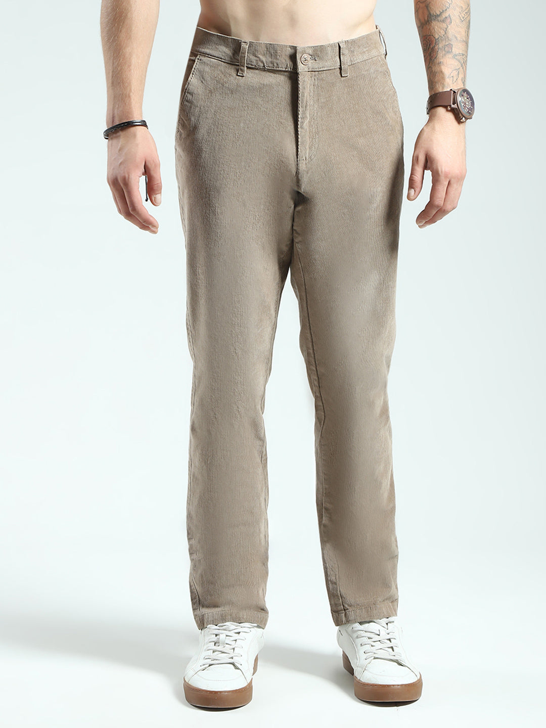 Men Brown Solid Regular Fit Trouser