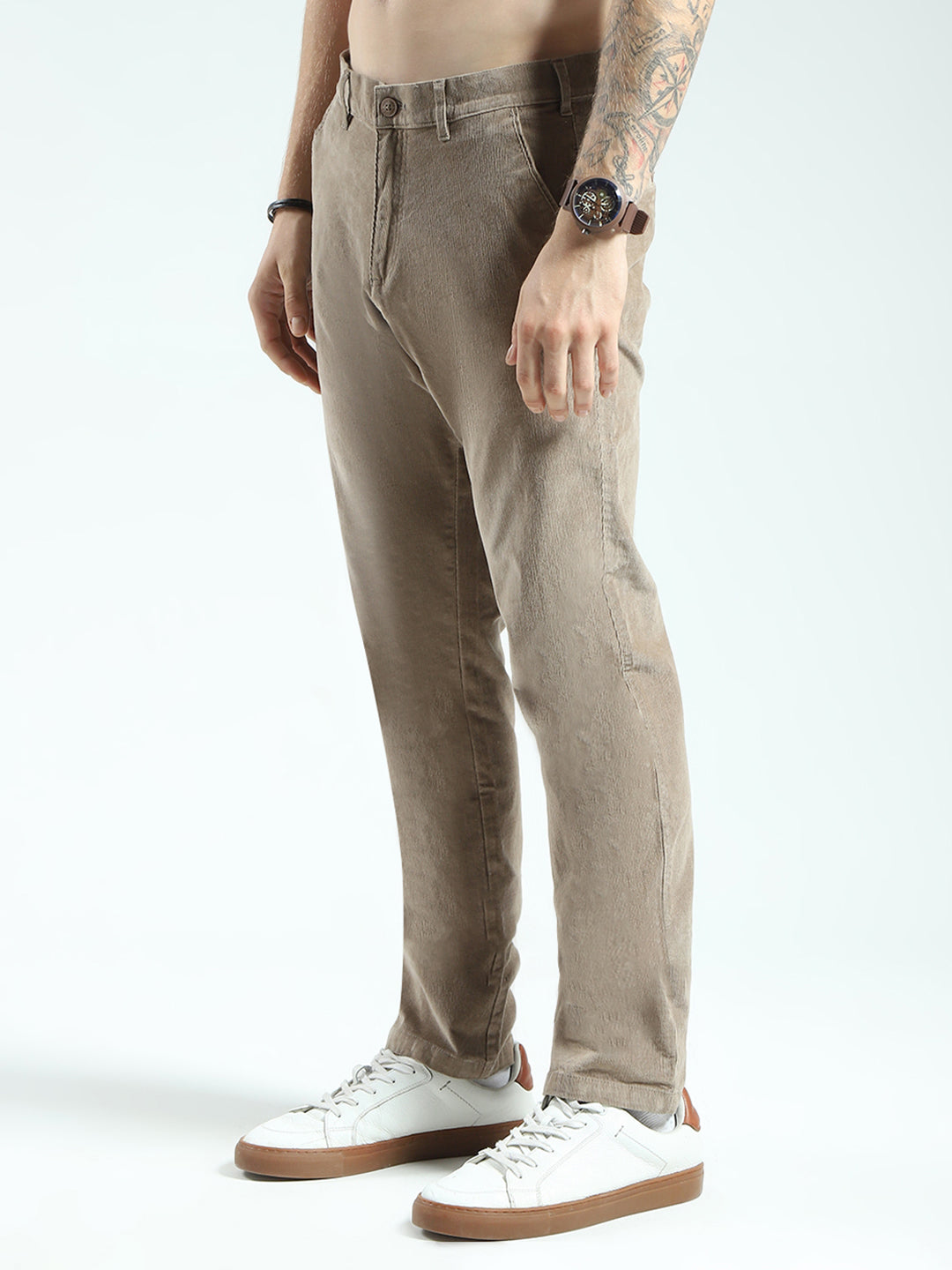 Men Brown Solid Regular Fit Trouser