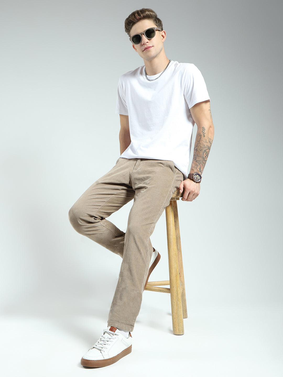 Men Brown Solid Regular Fit Trouser