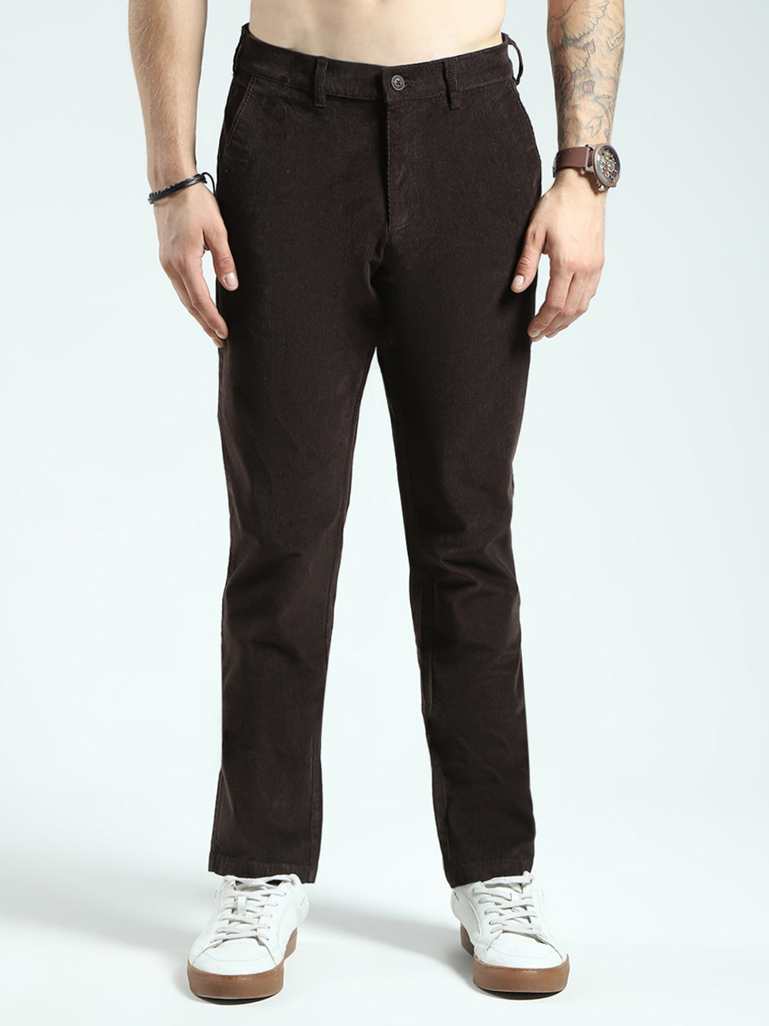 Men Brown Solid Regular Fit Trouser