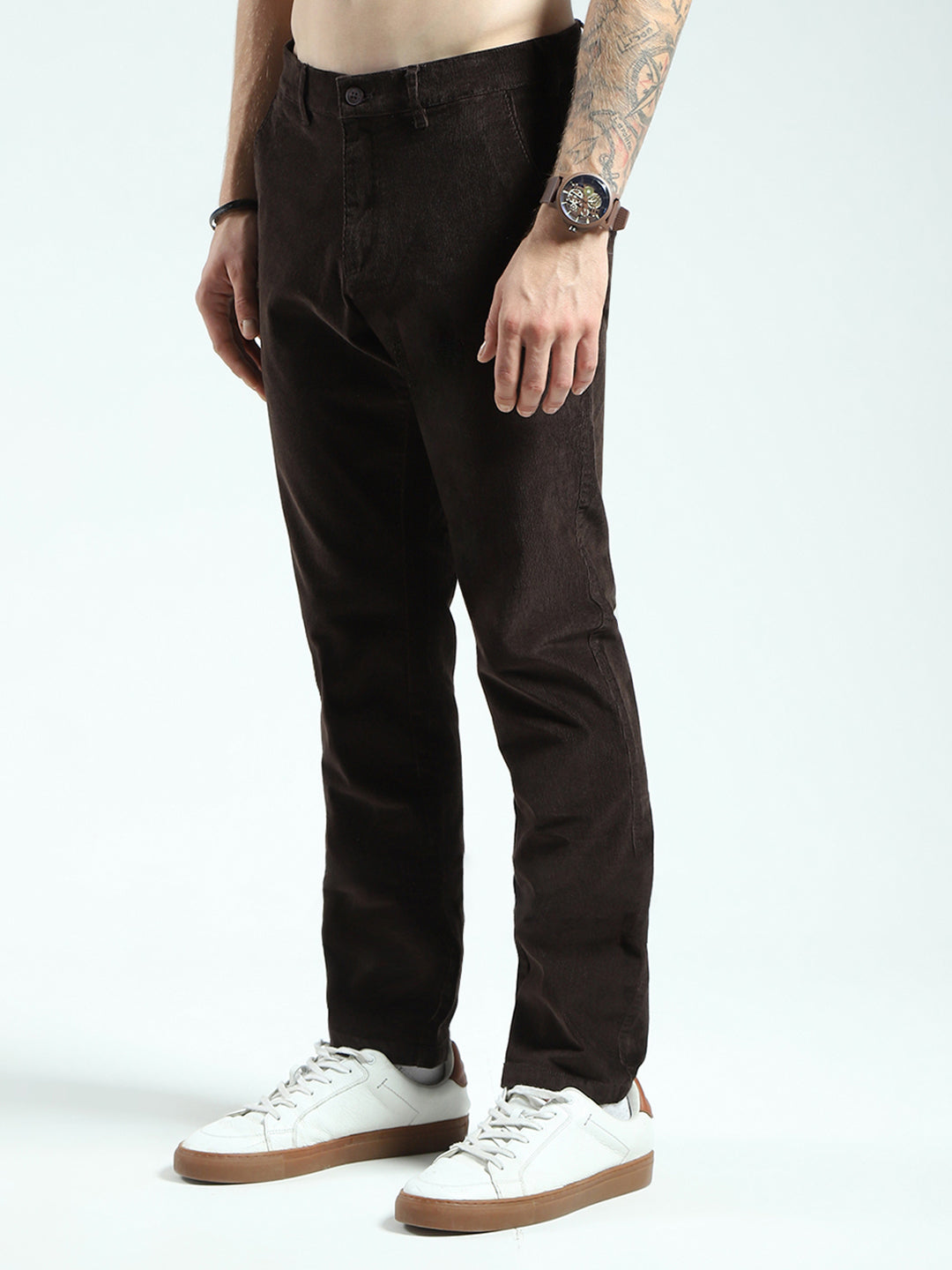 Men Brown Solid Regular Fit Trouser