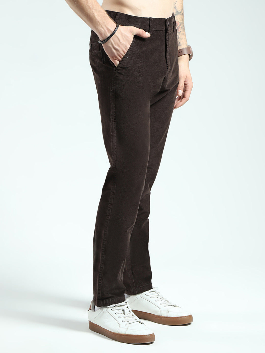Men Brown Solid Regular Fit Trouser