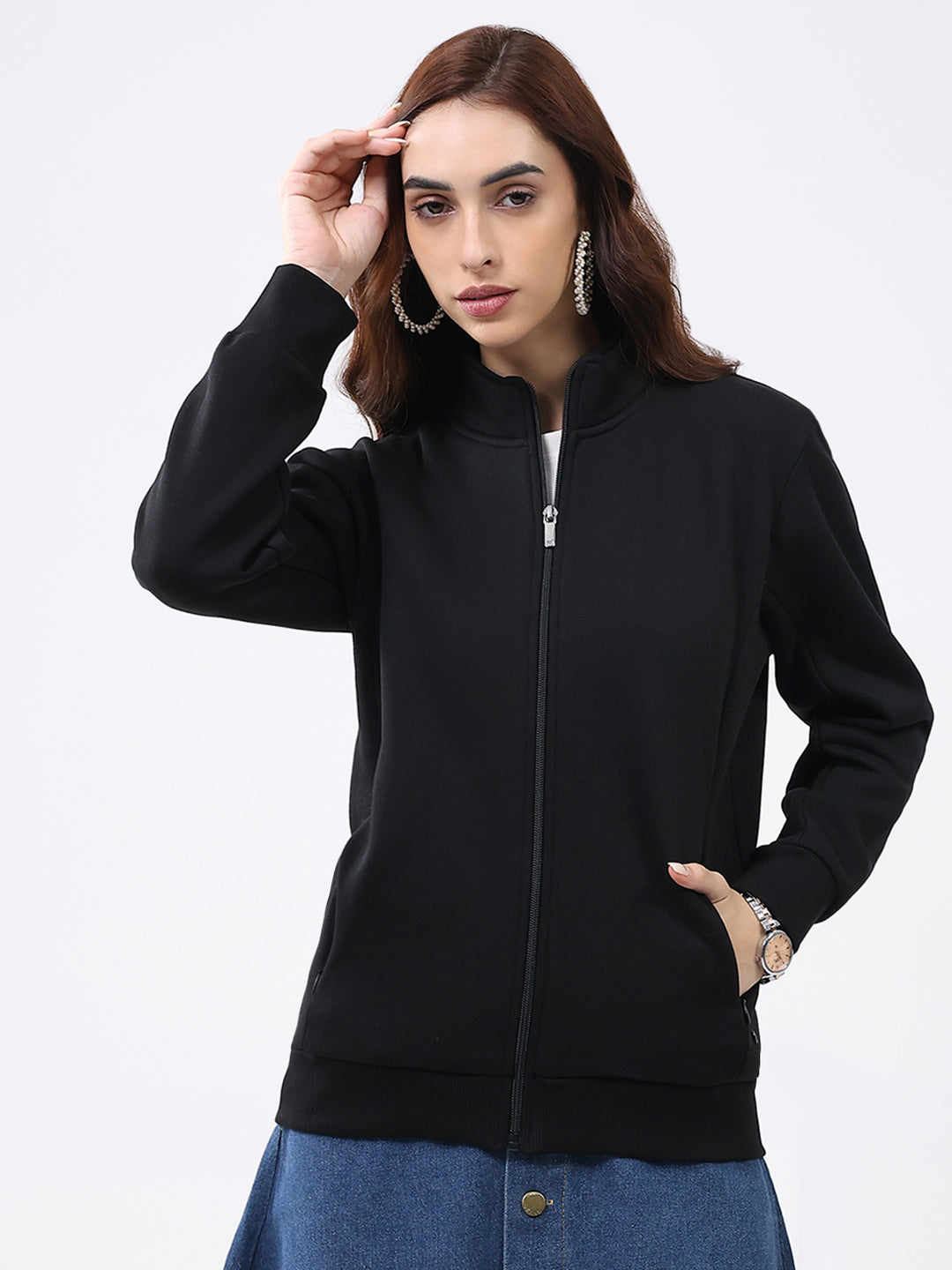 Women Black Solid Mock Neck Full Sleeve Sweatshirt
