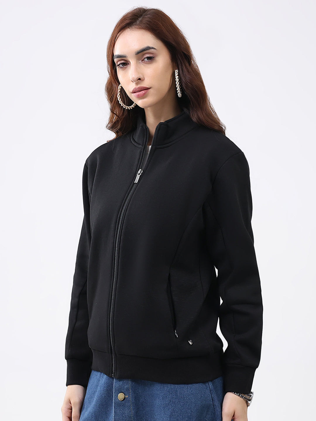 Women Black Solid Mock Neck Full Sleeve Sweatshirt