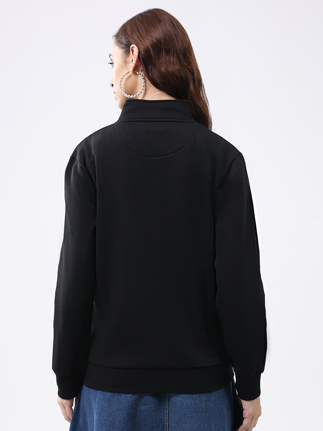 Women Black Solid Mock Neck Full Sleeve Sweatshirt