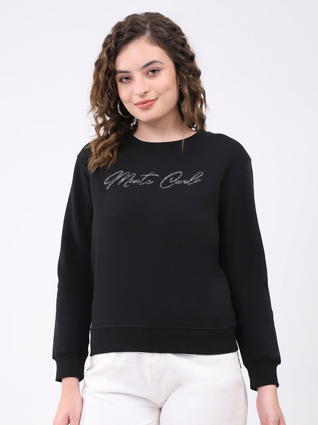 Women Black Printed Round Neck Full Sleeve Sweatshirt