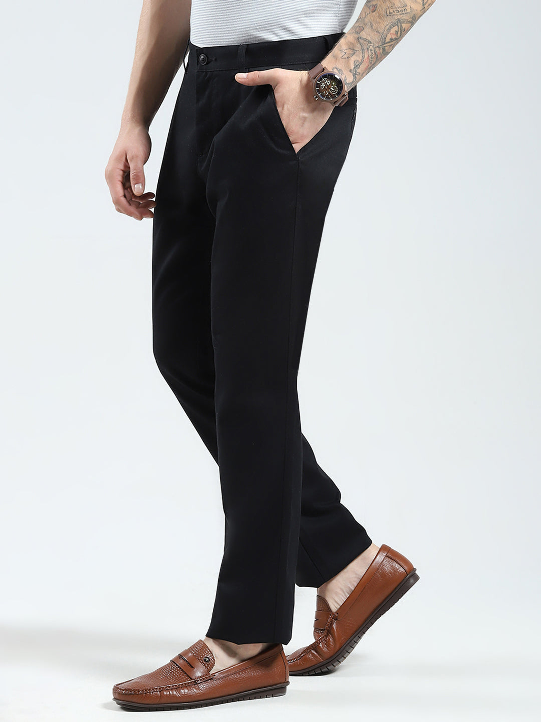 Men Black Solid Regular Fit Trouser