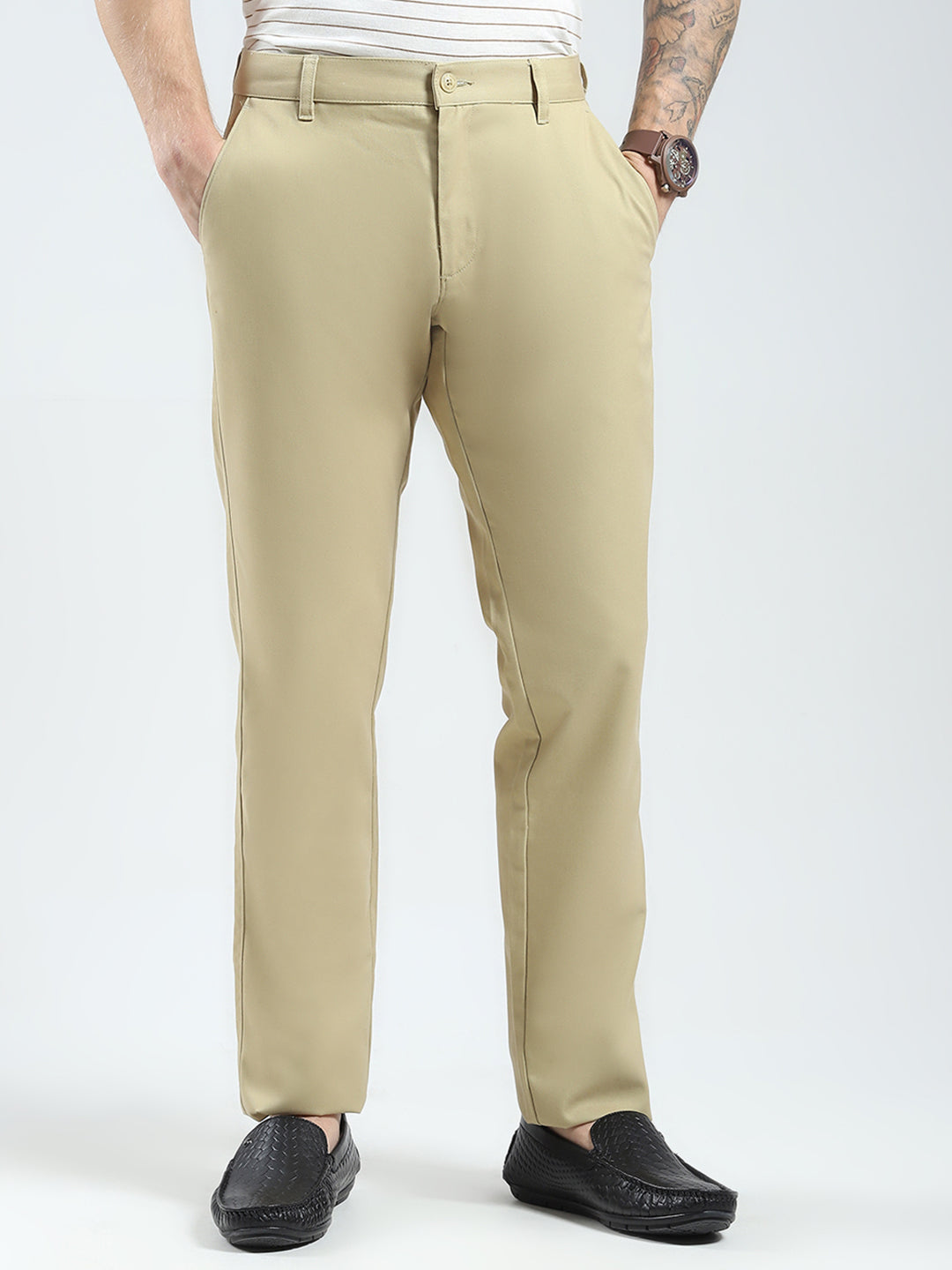 Men Beige Solid Regular Fit Trouser