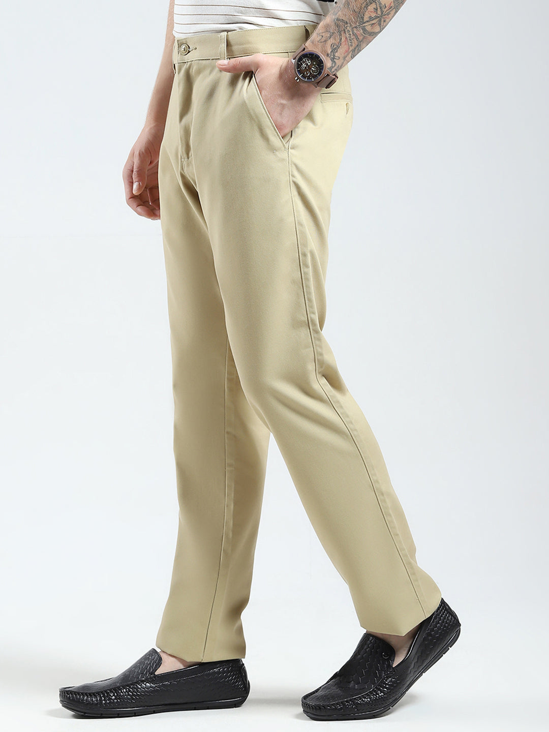 Men Beige Solid Regular Fit Trouser