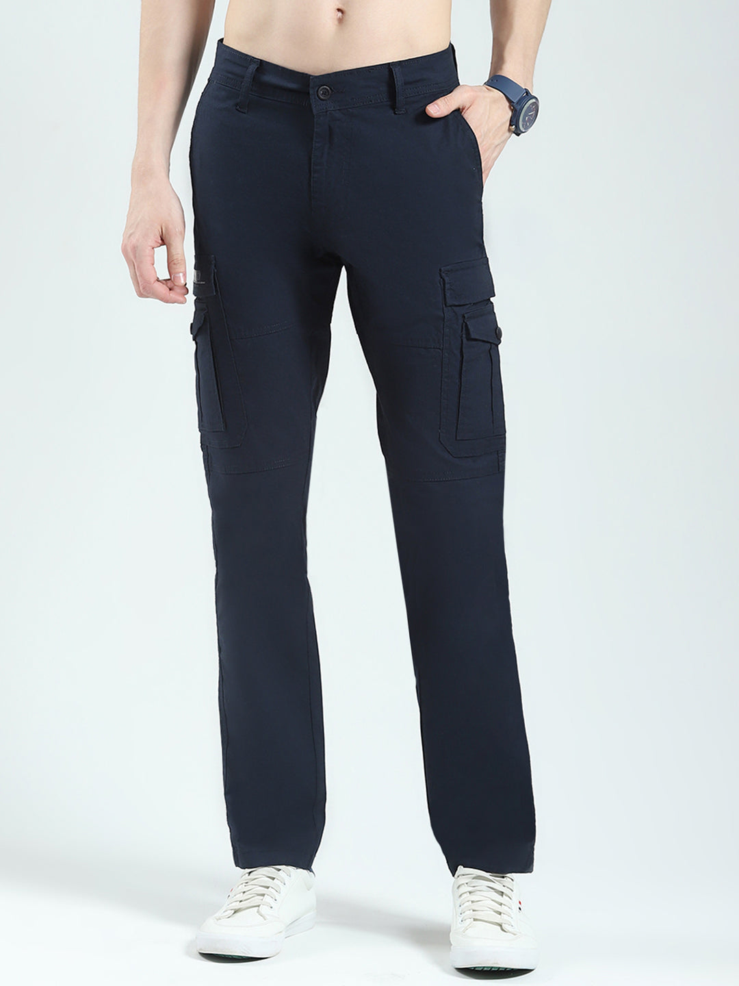 Men Navy Blue Solid Slim Fit Cargo
