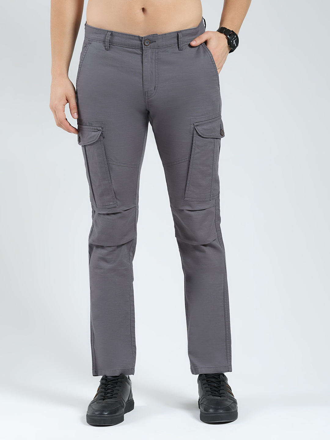 Men Grey Solid Slim Fit Cargo
