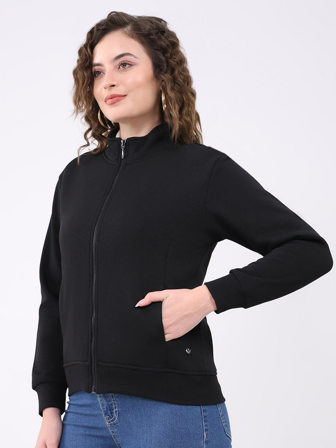 Women Black Solid Mock Neck Full Sleeve Sweatshirt