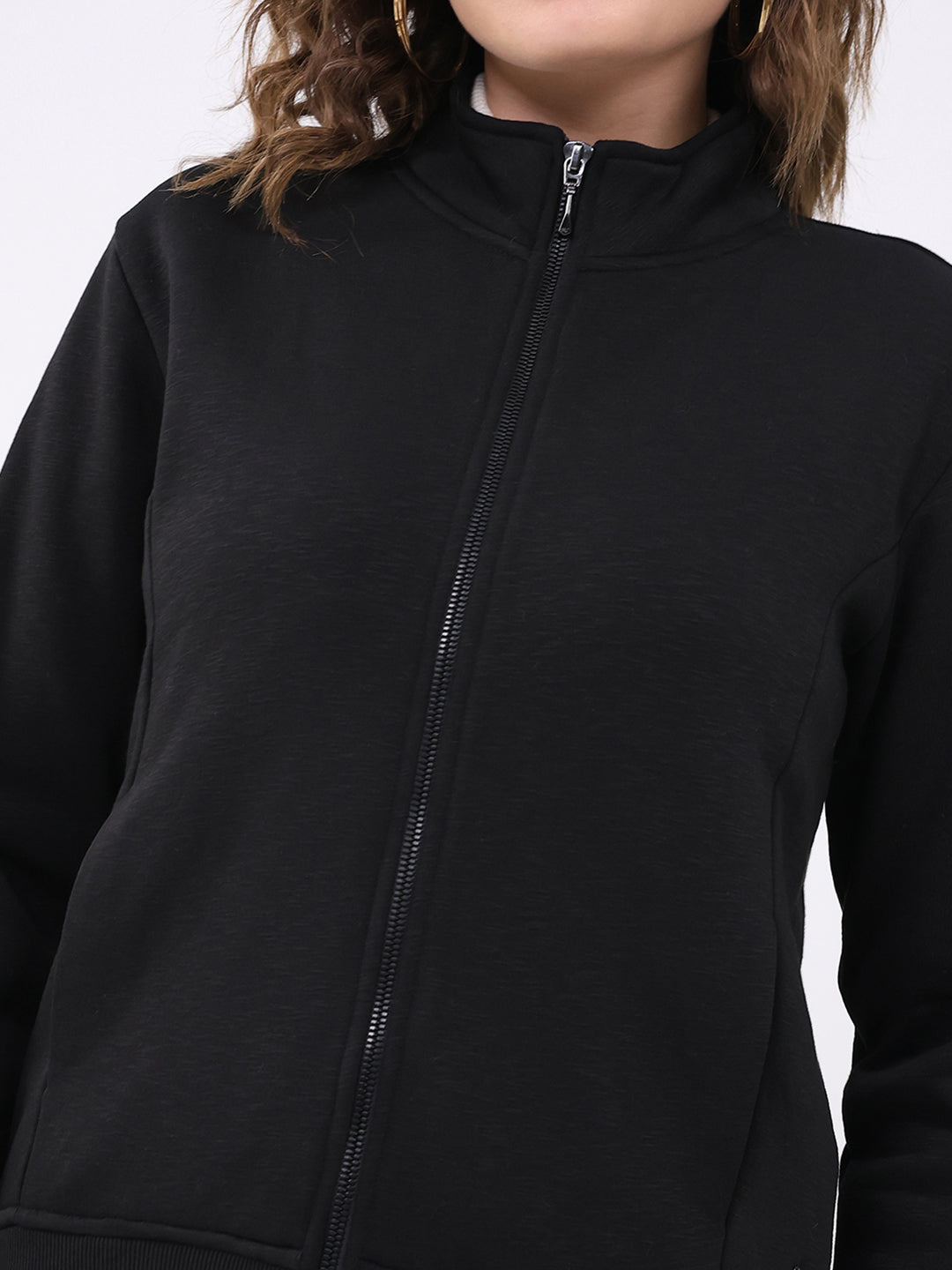 Women Black Solid Mock Neck Full Sleeve Sweatshirt