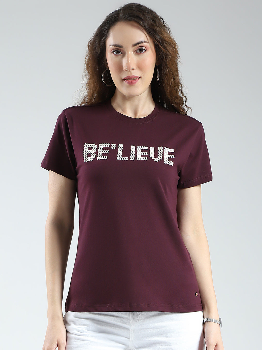 Women Maroon Printed Round Neck Half Sleeve Top