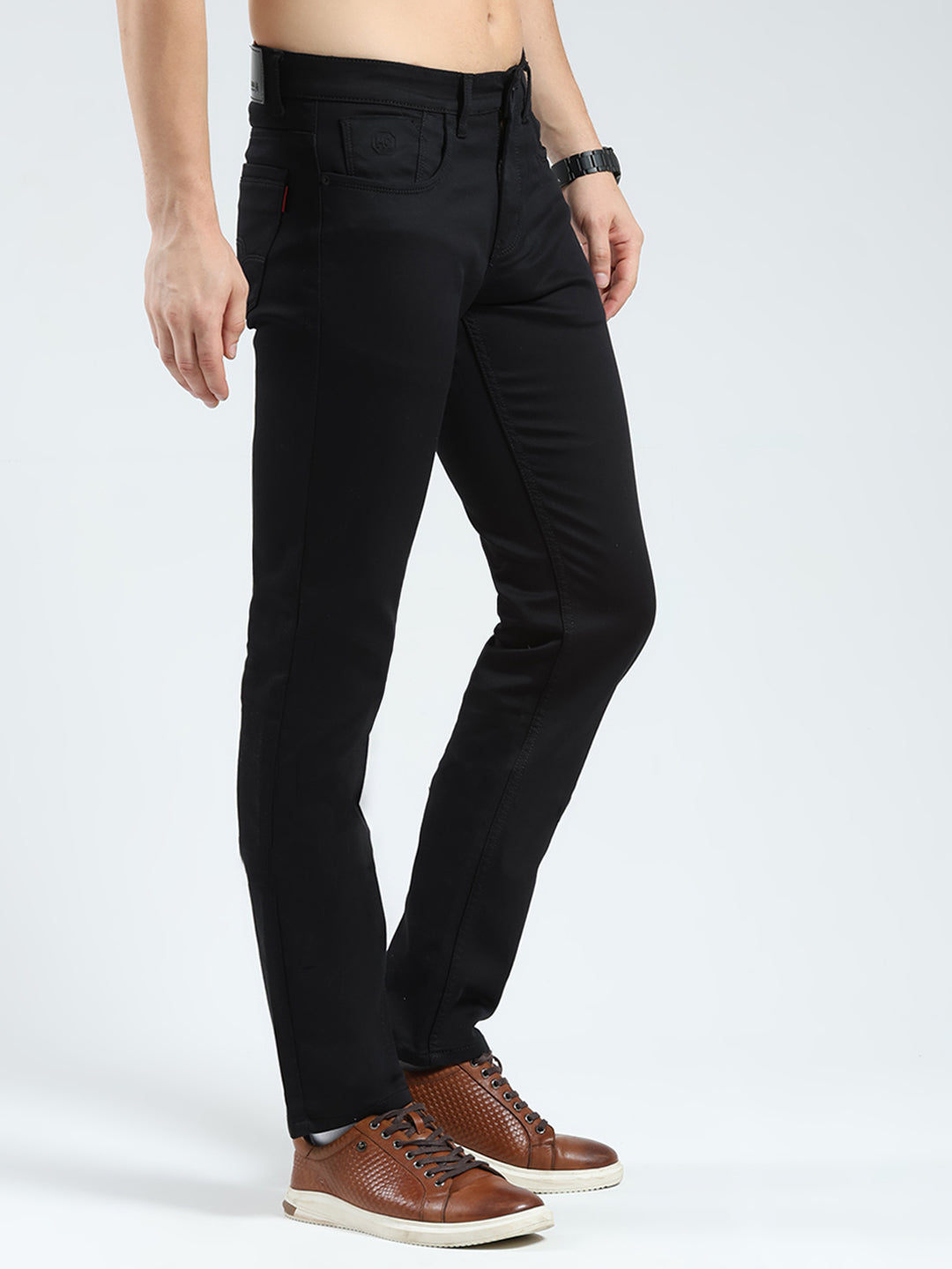 Men Black Solid Regular Fit Denim