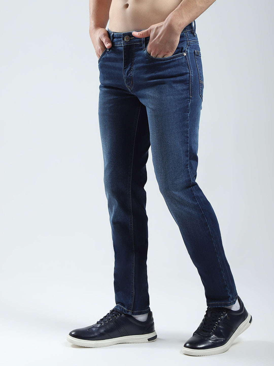 Men Blue Solid Regular Fit Denim