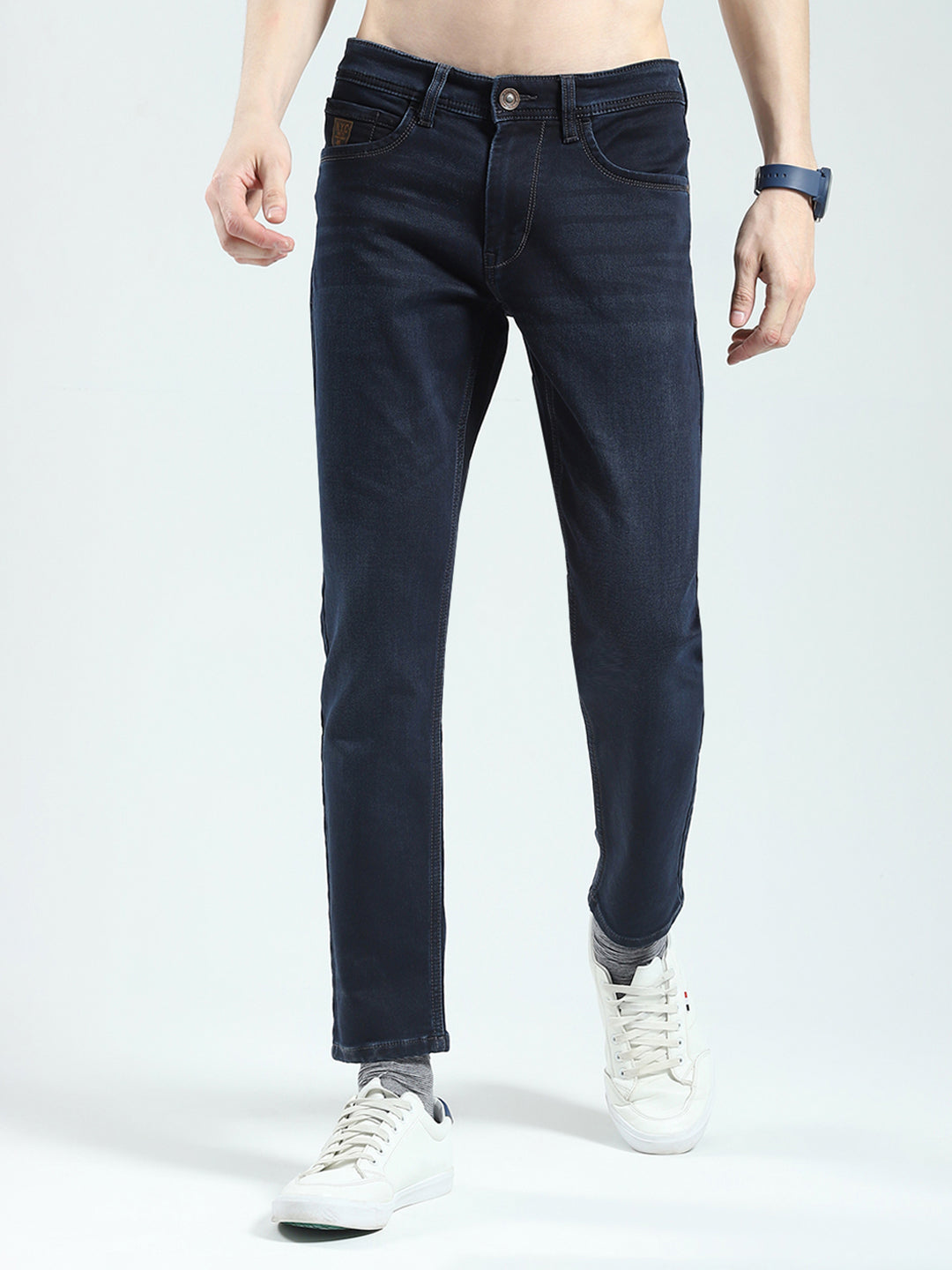 Men Blue Solid Regular Fit Denim