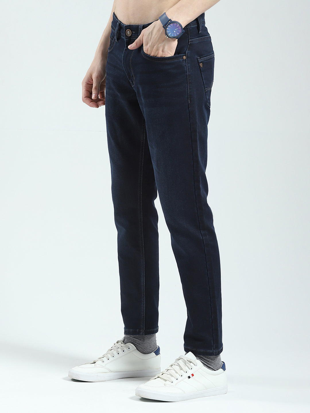 Men Blue Solid Regular Fit Denim